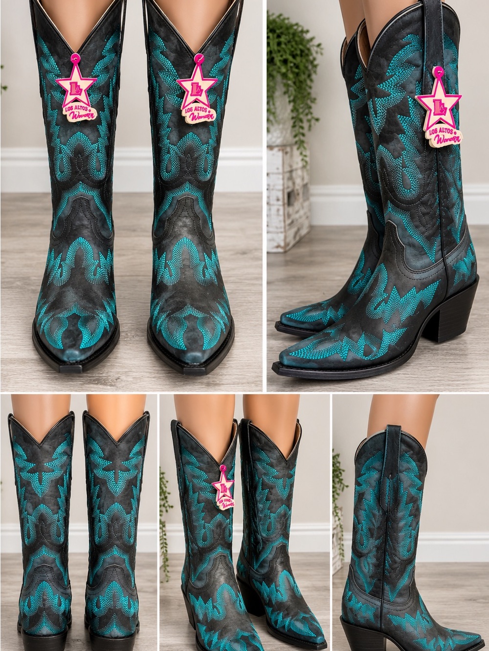 Los Altos Black Turquoise Embroidered Western Cowgirl Boots Size 6
